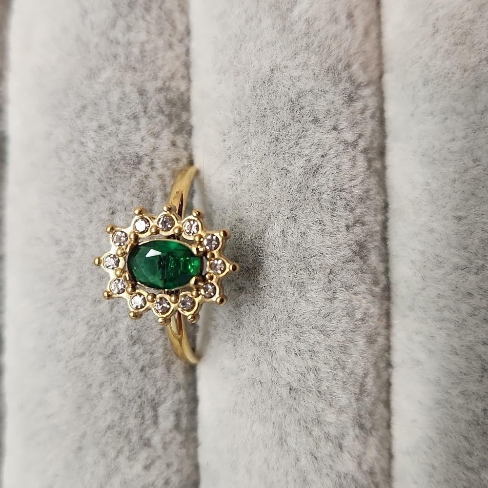 18K Gold Plated Adjustable Oval Emerald Colored , Simulated Diamond Ring